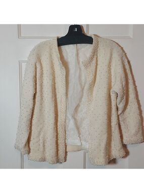 Cream Beaded Open Cardigan with Lace Lining